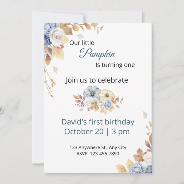 Boho Blue Little Pumpkin First Birthday Invitation (Front)