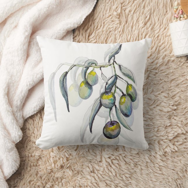 Boho Blue Olive Branch Watercolor Hand-painted Throw Pillow (Blanket)