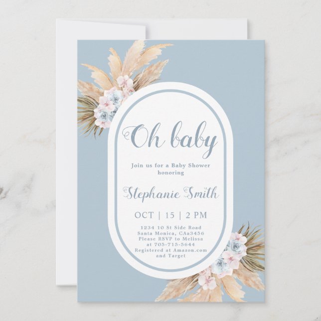Boho Blue Pampas Grass Baby shower Boy Invitation (Devant)