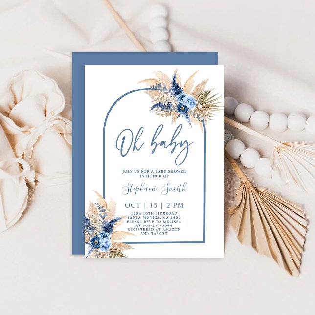 Boho Blue Pampas Grass Baby shower Boy Invitation (Créateur téléchargé)