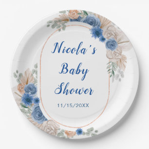 Boho Blue Pampas Grass Baby Shower Paper Plate