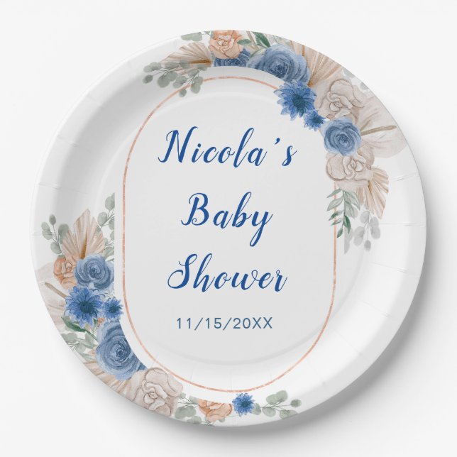 Boho Blue Pampas Grass Baby Shower Paper Plate (Front)