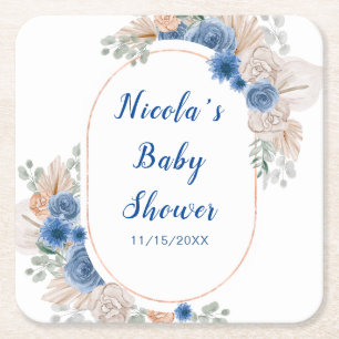 Boho Blue Pampas Grass Baby Shower Square Paper Coaster
