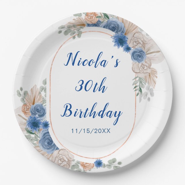 Boho Blue Pampas Grass Birthday Paper Plate (Front)