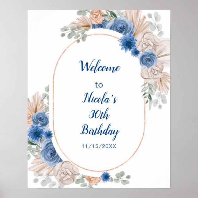 Boho Blue Pampas Grass Birthday Poster (Front)