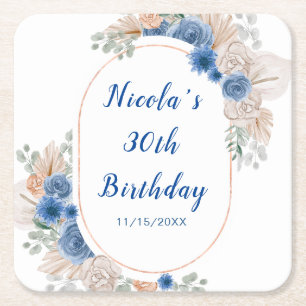 Boho Blue Pampas Grass Birthday Square Paper Coaster