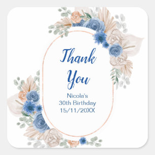 Boho Blue Pampas Grass Birthday Square Sticker
