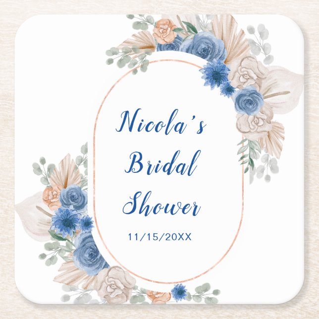 Boho Blue Pampas Grass Bridal Shower Square Paper Coaster (Front)