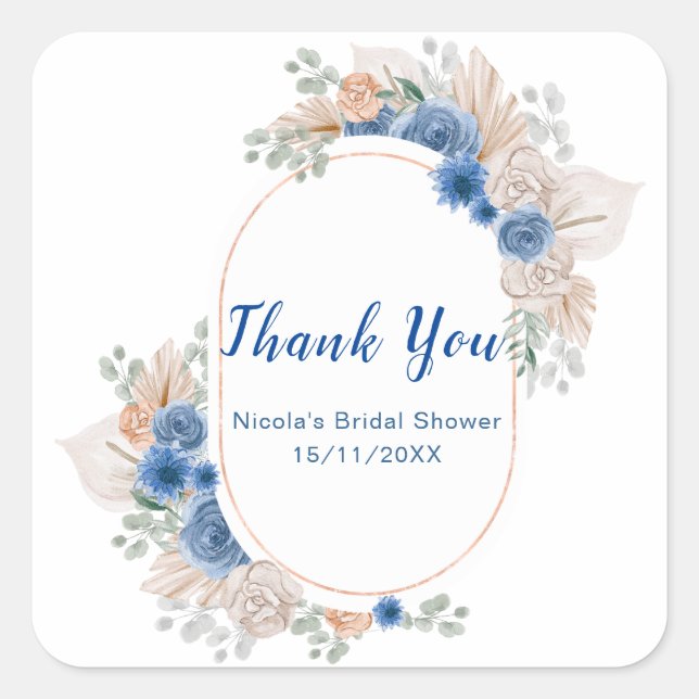 Boho Blue Pampas Grass Bridal Shower Square Sticker (Front)