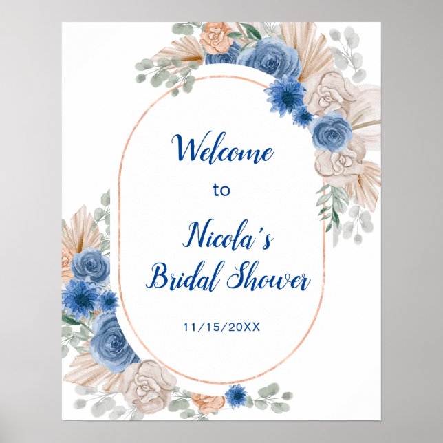 Boho Blue Pampas Grass Bridal Shower Welcome Poster (Front)