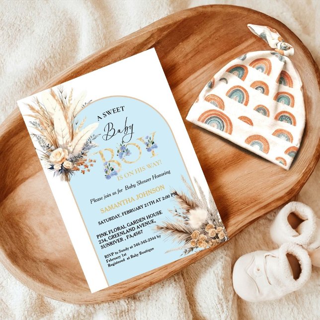 Boho Blue Pampas Grass Desert Baby Boy Baby Shower Invitation (Creator Uploaded)