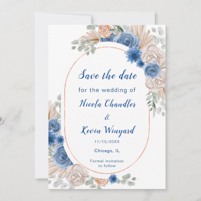 Boho Blue Pampas Grass Save the Date (Front)