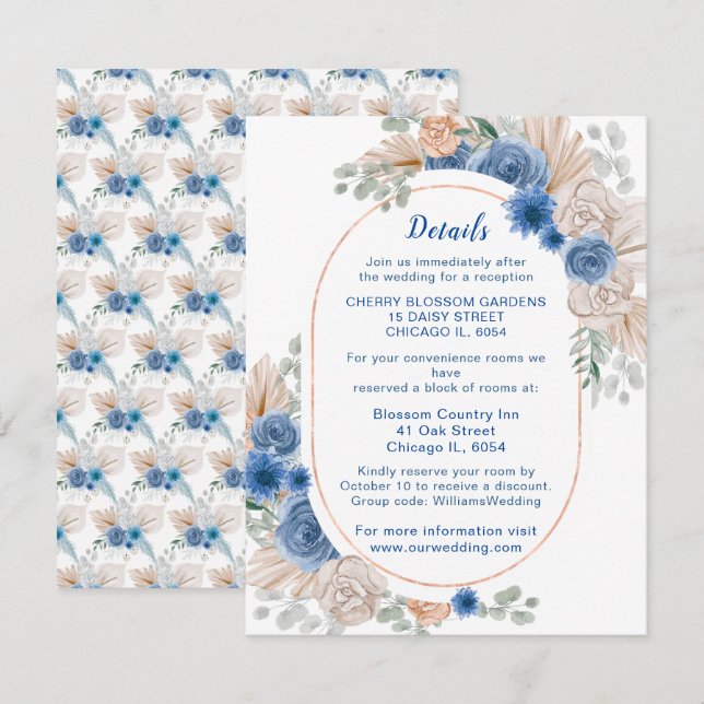 Boho Blue Pampas Grass Wedding Details Enclosure Card (Front/Back)