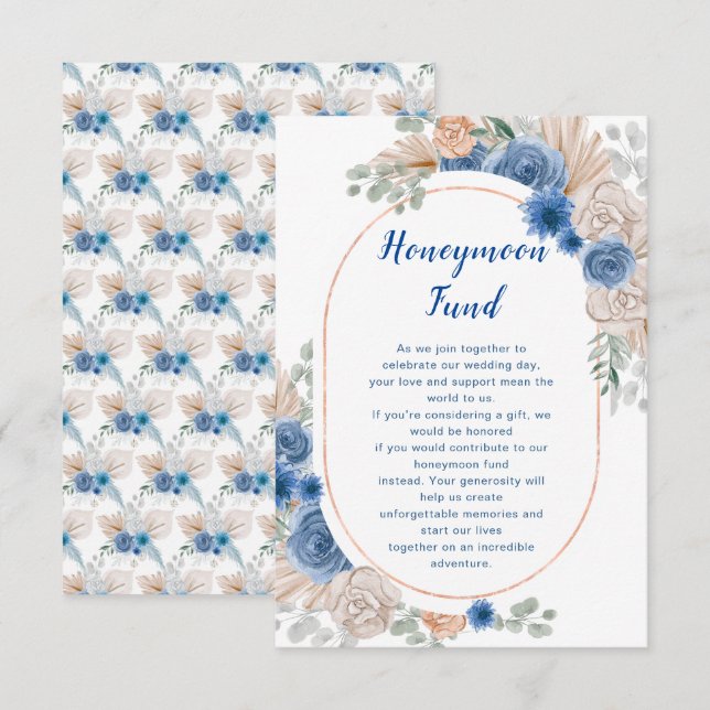 Boho Blue Pampas Grass Wedding honeymoon Fund Enclosure Card (Front/Back)