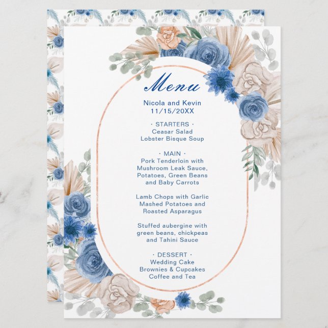Boho Blue Pampas Grass Wedding Menu (Front/Back)