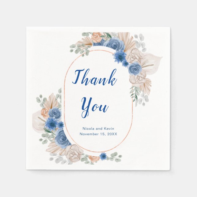 Boho Blue Pampas Grass Wedding Napkin (Front)