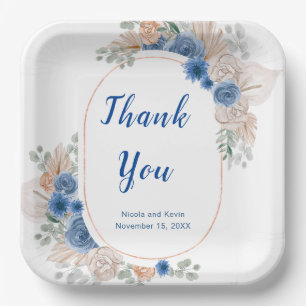 Boho Blue Pampas Grass Wedding Paper Plate
