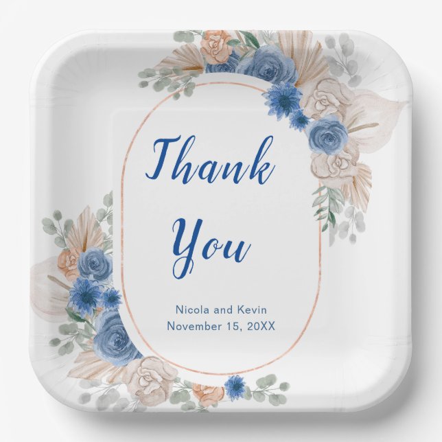 Boho Blue Pampas Grass Wedding Paper Plate (Front)