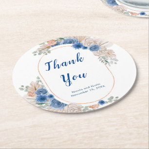 Boho Blue Pampas Grass Wedding Round Paper Coaster