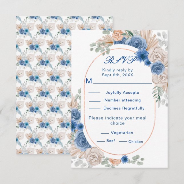 Boho Blue Pampas Grass Wedding RSVP Card (Front/Back)