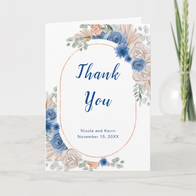 Boho Blue Pampas Grass Wedding Thank You (Front)