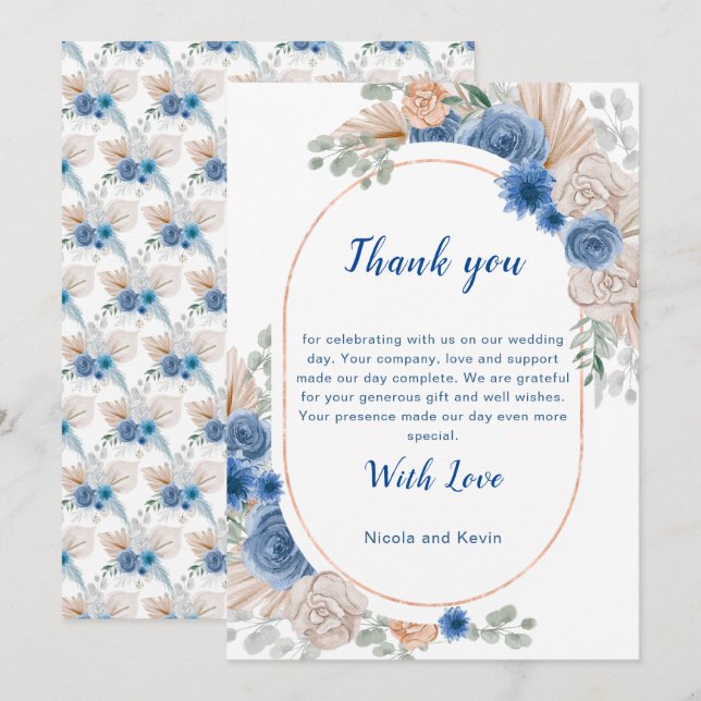 Boho Blue Pampas Grass Wedding Thank You Card (Front/Back)