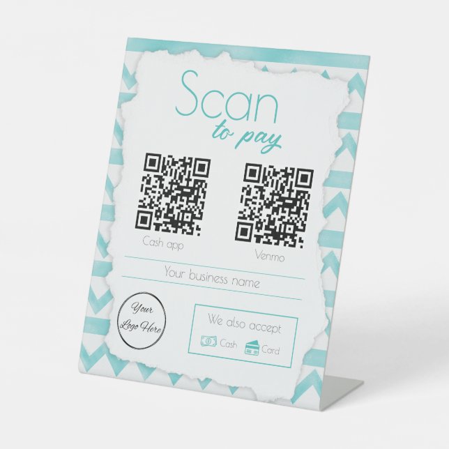 Boho blue pattern 2 QR codes business scan to pay Pedestal Sign (Front)