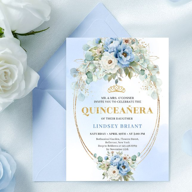 Boho Blue Peonies Eucalyptus Quinceañera Download Invitation (Boho Blue Peonies Eucalyptus Quinceañera Download)