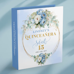 Boho Blue Peonies Gold Quinceañera Memory Album Binder