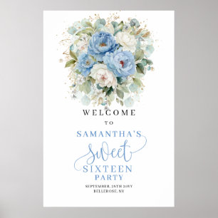 Boho Blue Peonies Gold Sweet Sixteen Welcome Poster