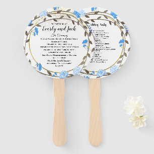 Boho Blue Peony Wreath Gold Wedding Program Hand Fan