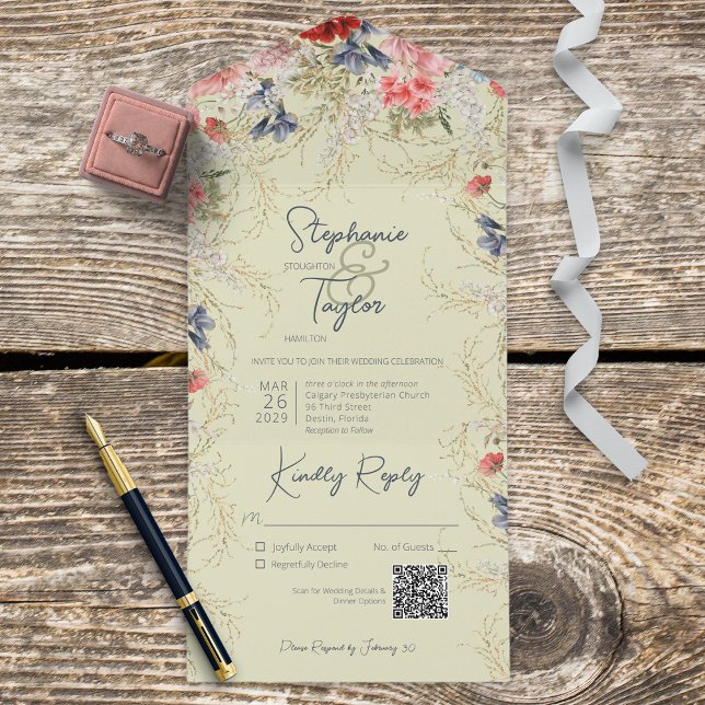 Boho Blue & Pink Floral Sage Green QR Code All In One Invitation (Creator Uploaded)