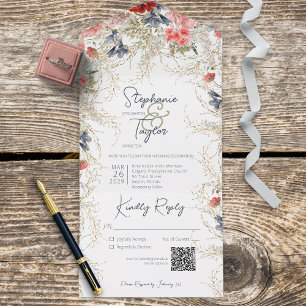 Boho Blue & Pink Floral White QR Code All In One Invitation
