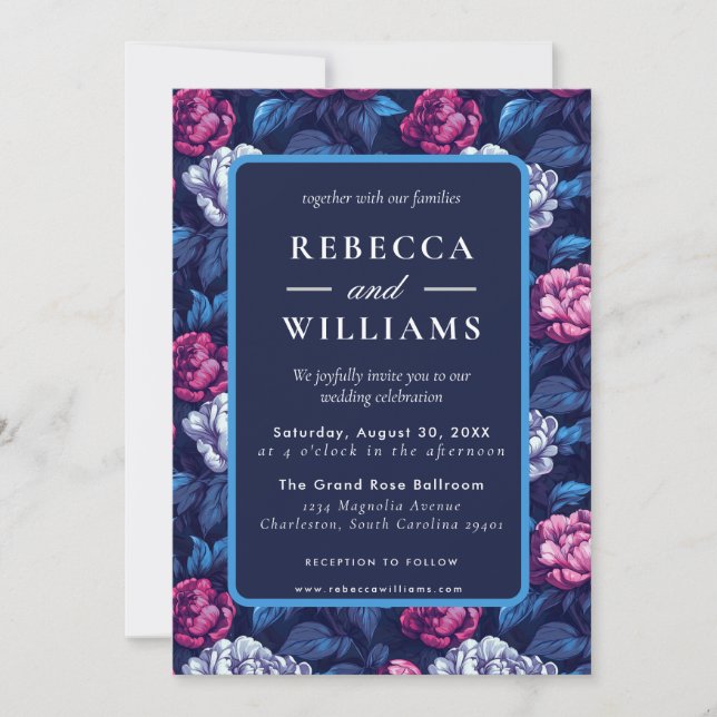Boho Blue Pink Peonies Flower Wedding  Invitation (Front)
