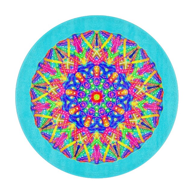 Boho Blue Pink Yellow Mandala Cutting Board (Front)