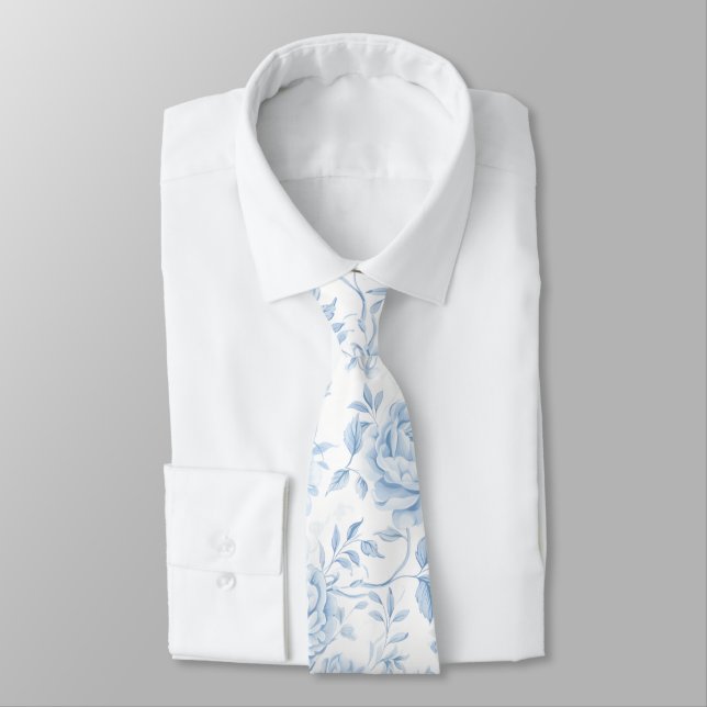 Boho Blue Porcelain Floral Wedding Groomsmen Gift Tie (Tied)