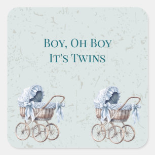 Boho Blue Prams Twin Boys Baby Shower Square Sticker