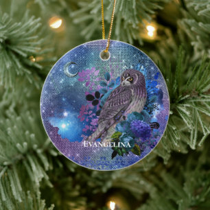 Boho Blue Purple Owl Moon Ceramic Ornament