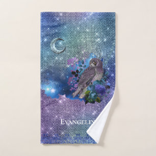 Boho Blue Purple Owl Moon Hand Towel