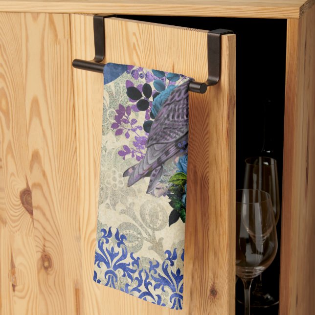 Boho Blue Purple Owl Moon Kitchen Towel (Thirds Fold)