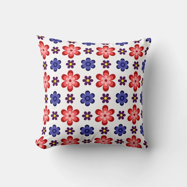 Boho Blue Purple Red Flowers Throw Pillow (Front)