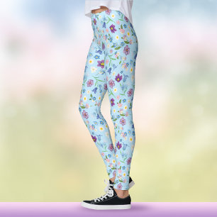 Boho Blue & Purple Wild Flowers Watercolor Floral Leggings