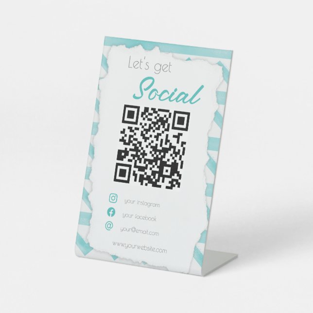 Boho blue QR code coastal scan me social media Pedestal Sign (Front)