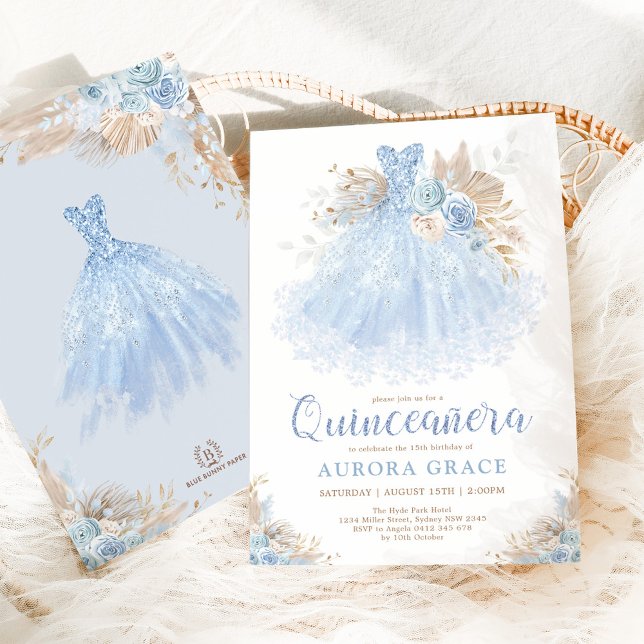 Boho Blue Quinceañera Princess Dress Birthday Invitation (Creator Uploaded)