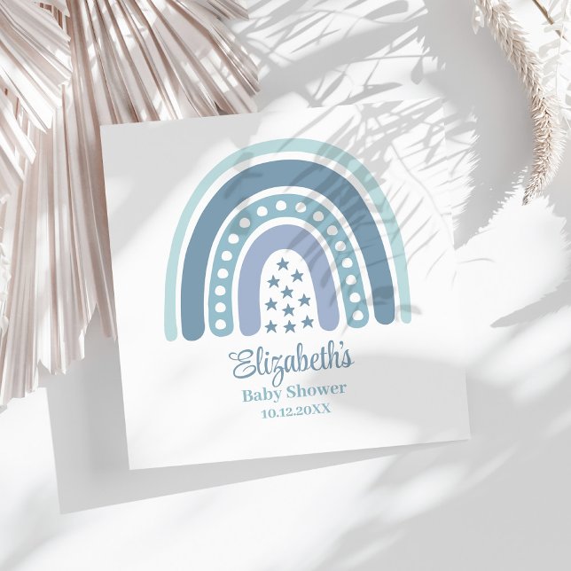 Boho Blue Rainbow Baby Shower Napkins (Boho Blue Rainbow Baby Shower Napkins on a sunny white table.)