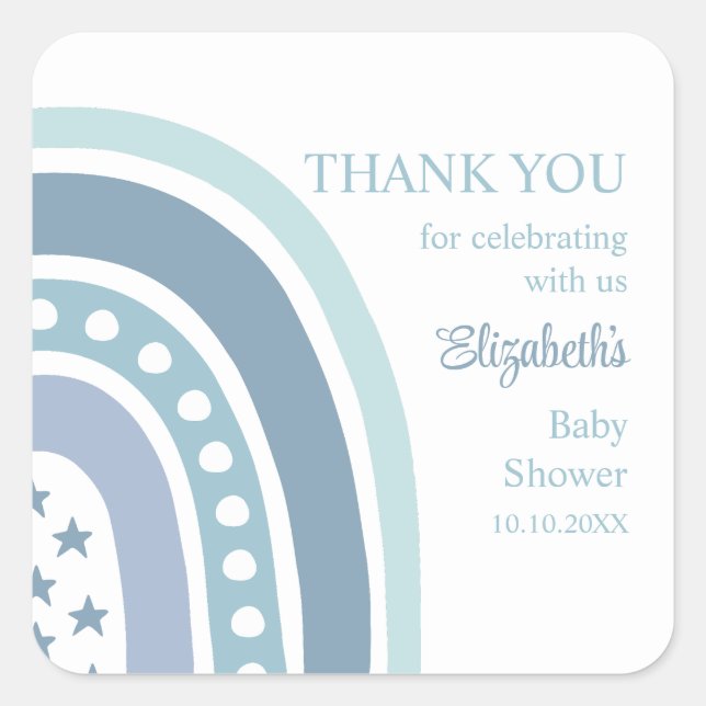 Boho Blue Rainbow Baby Shower Thank You Square Sticker (Front)