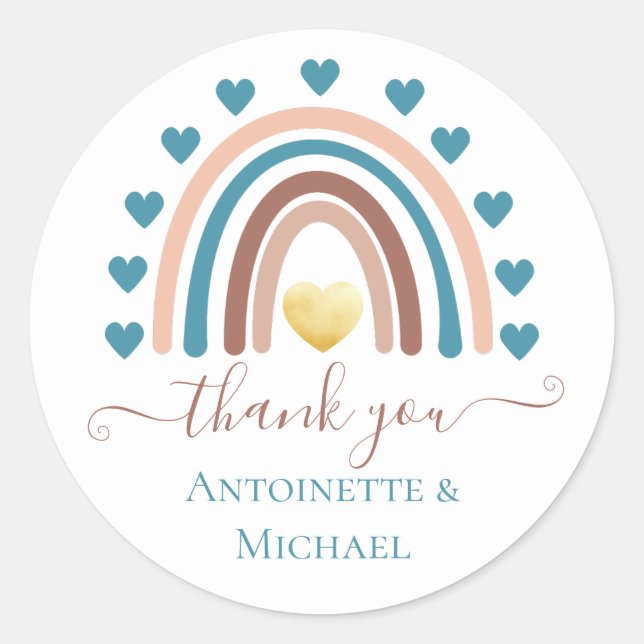 Boho Blue Rainbow Custom Thank you Baby Shower Classic Round Sticker (Front)