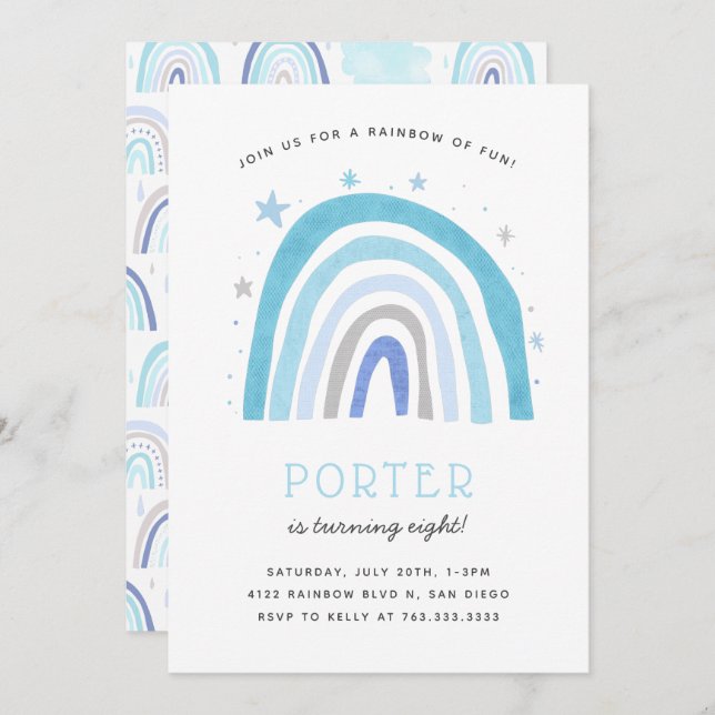 Boho Blue Rainbow Kids Birthday Party Invitation (Front/Back)