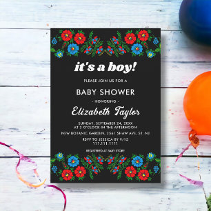 Boho Blue Red Roses Black Floral Boy Baby Shower Invitation