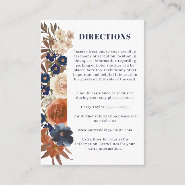 Boho Blue Rust Floral Reception Directions Wedding Enclosure Card (Front)